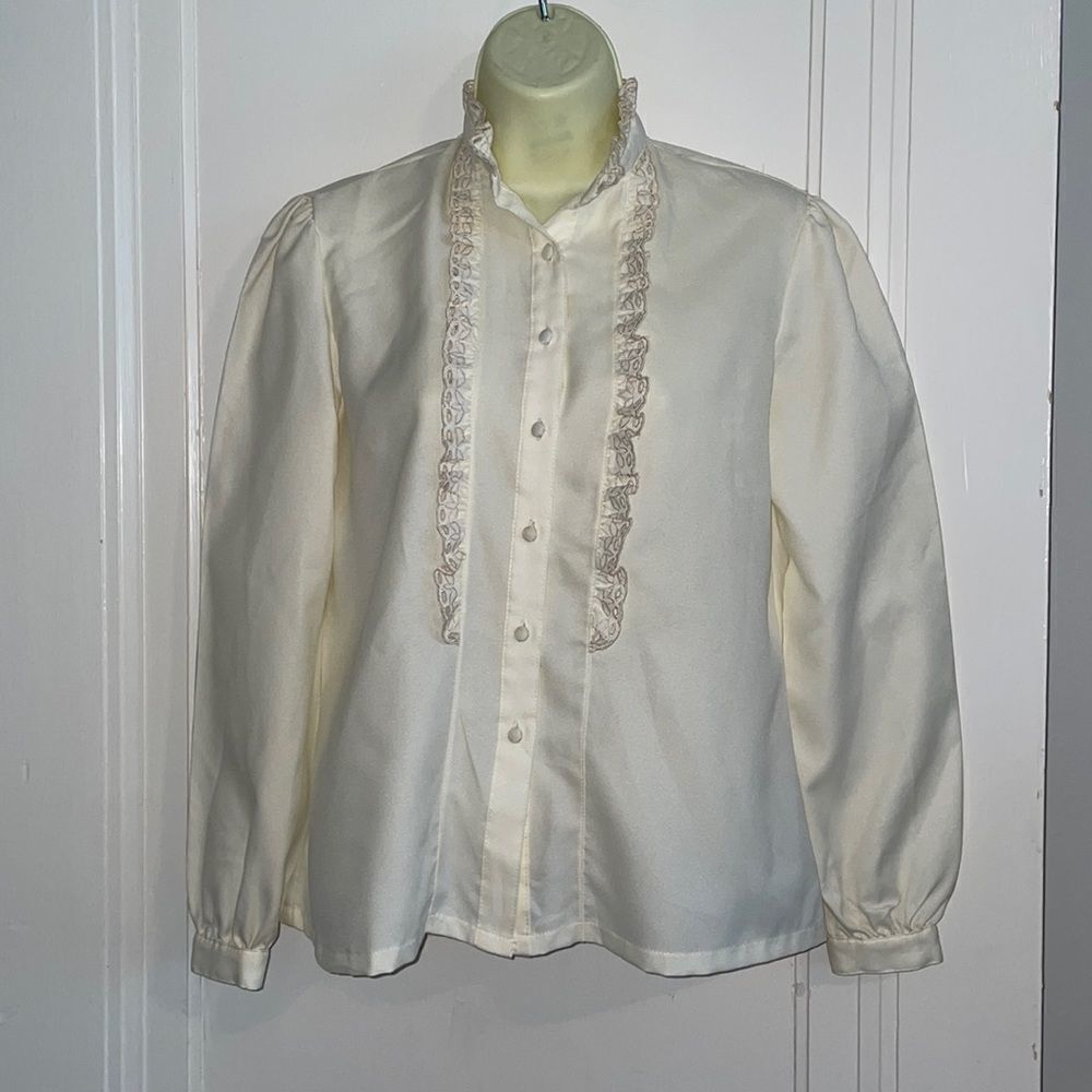 Vtg 70s C.E.O. Petites cream colored high necked polyester blouse